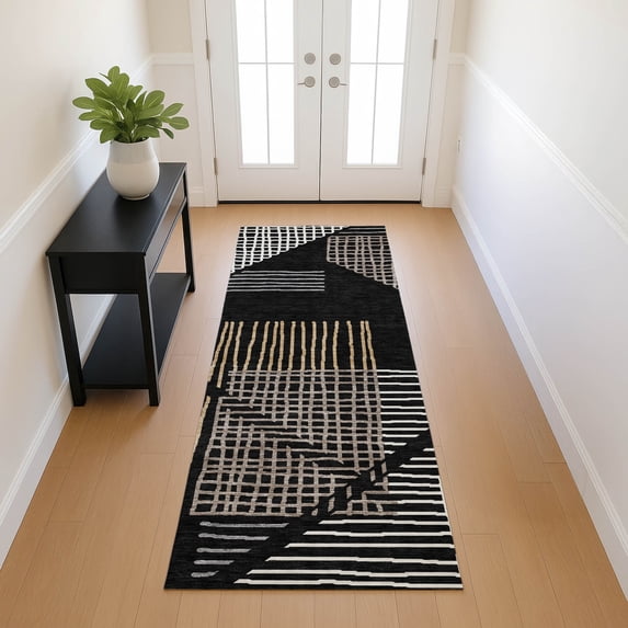 Addison Rugs Chantille Indoor/Outdoor Transitional Stripes Black Machine Washable Runner Rug, 2'3" x 7'6"