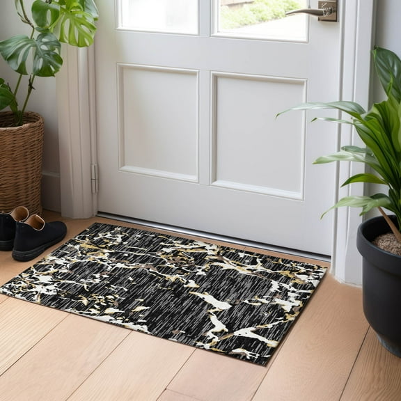 Addison Rugs Chantille Indoor/Outdoor Transitional Stripes Black Washable Rectangle Rug, 1'8" x 2'6"
