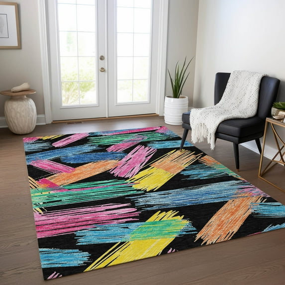 Addison Rugs Chantille Indoor/Outdoor Transitional Stripes Black Washable Rectangle Rug, 8' x 10'