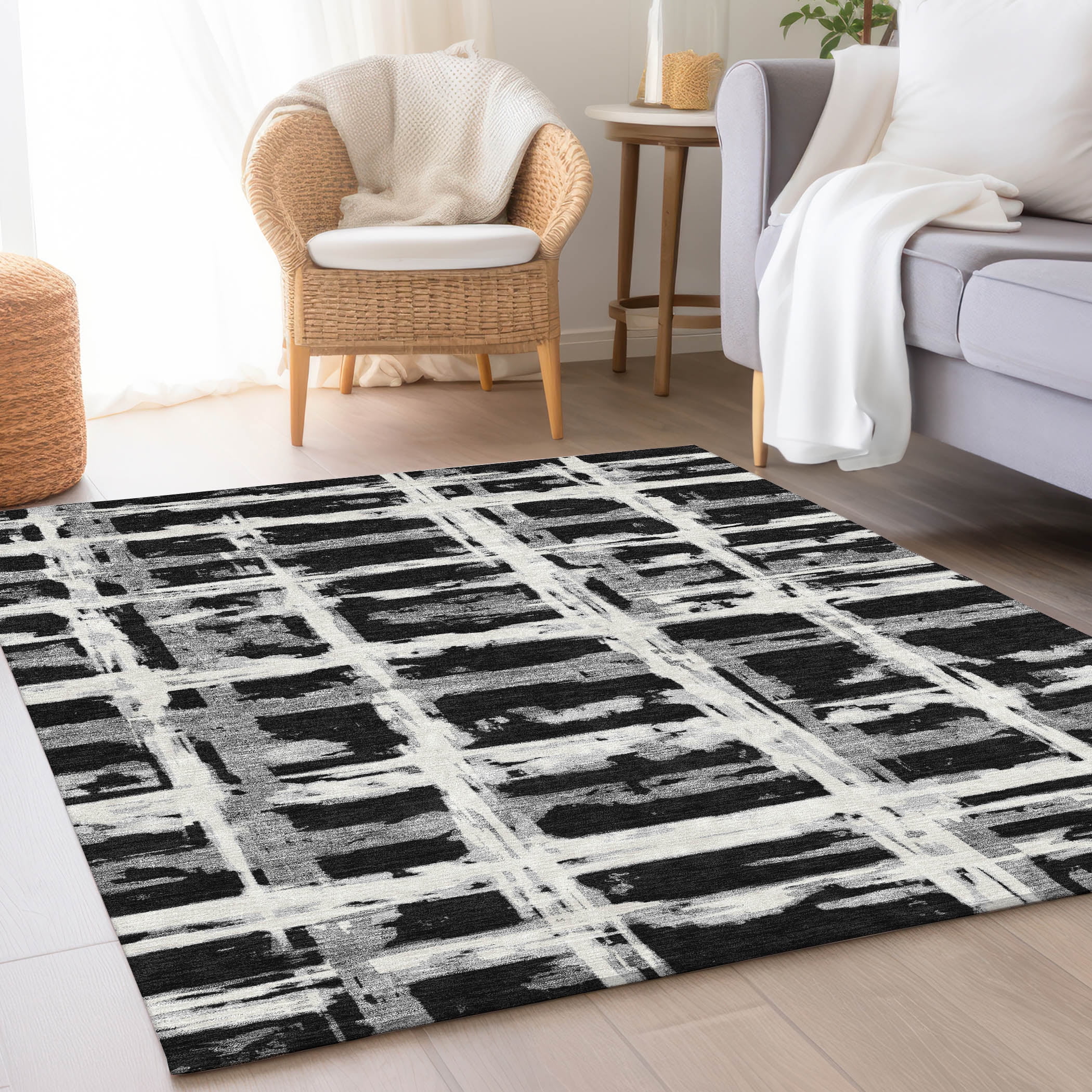 Addison Rugs Chantille Indoor/Outdoor Transitional Stripes Black Washable Rectangle Rug, 9' x 12'