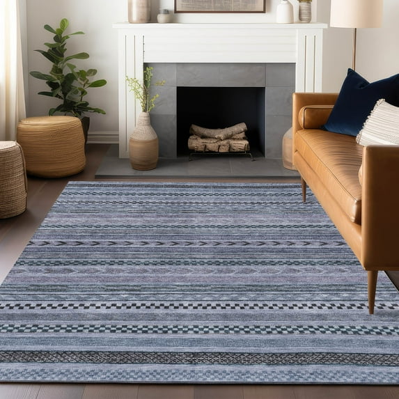 Addison Rugs Chantille Indoor/Outdoor Transitional Stripes Blue Washable Rectangle Rug, 5' x 7'6"