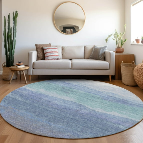 Addison Rugs Chantille Indoor/Outdoor Transitional Stripes Blue Washable Round Rug, 8' x 8'