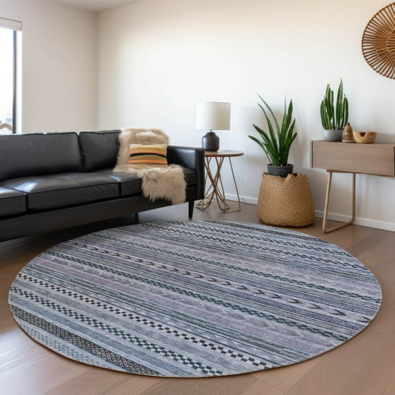 Addison Rugs Chantille Indoor/Outdoor Transitional Stripes Blue Washable Round Rug, 8' x 8'