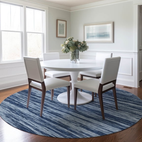 Addison Rugs Chantille Indoor/Outdoor Transitional Stripes Blue Washable Round Rug, 8' x 8'
