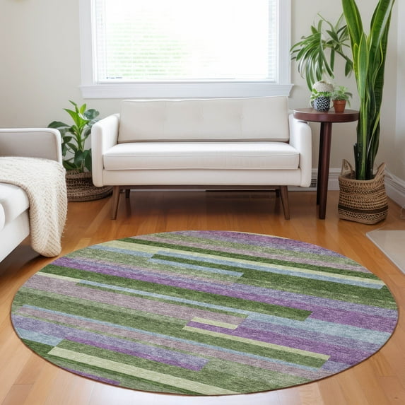 Addison Rugs Chantille Indoor/Outdoor Transitional Stripes Cactus Washable Round Rug, 8' x 8'