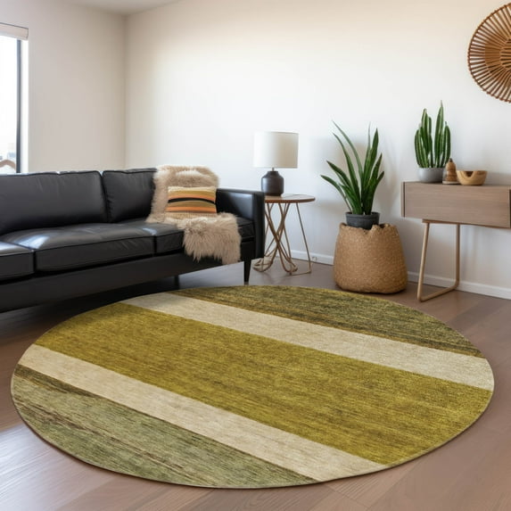 Addison Rugs Chantille Indoor/Outdoor Transitional Stripes Gold Washable Round Rug, 8' x 8'