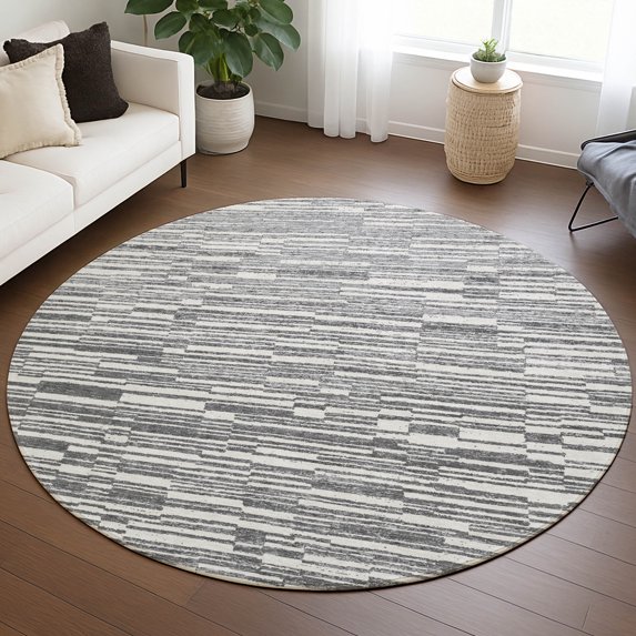 Addison Rugs Chantille Indoor/Outdoor Transitional Stripes Graphite Machine Washable Round Rug, 8' x 8'