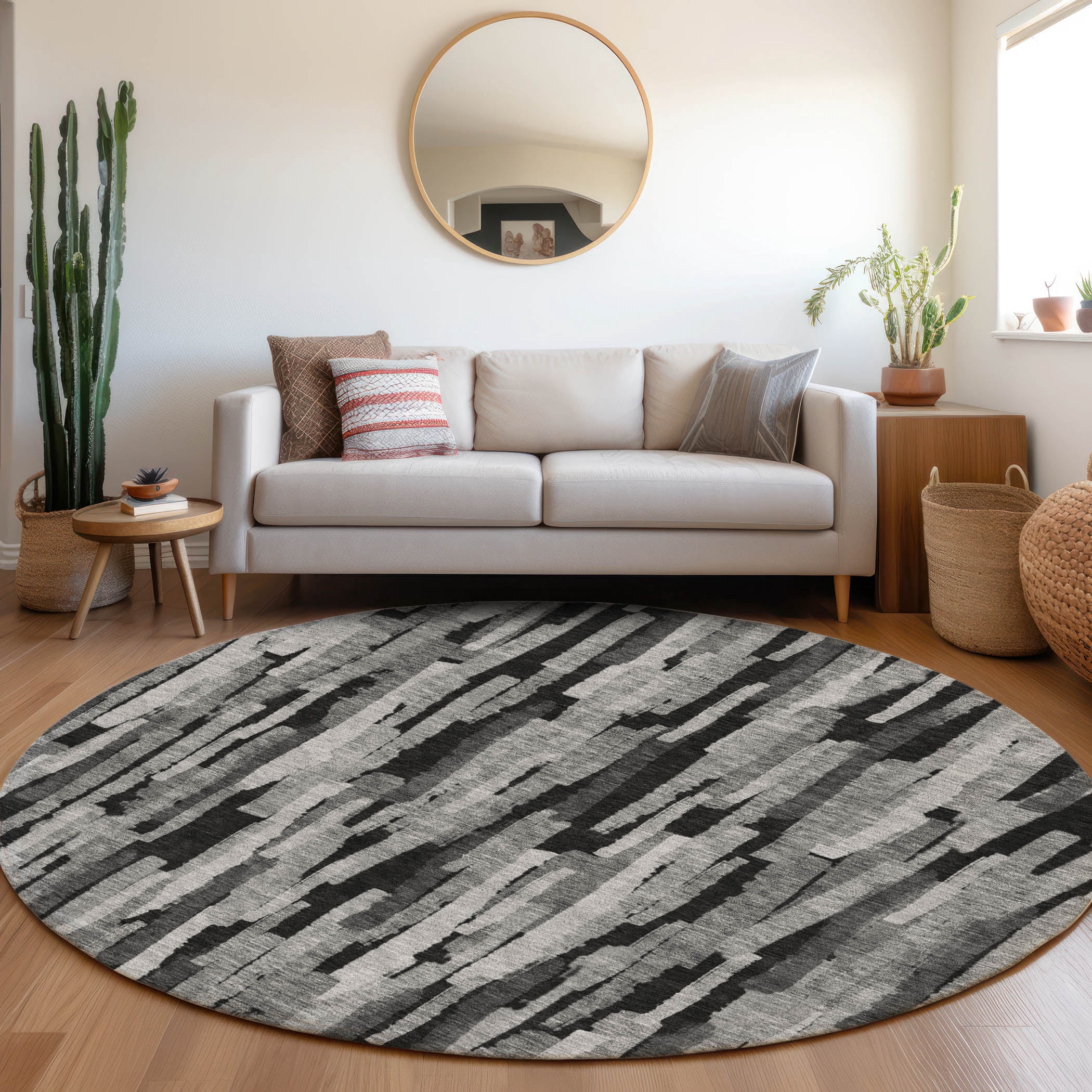 Addison Rugs Chantille Indoor/Outdoor Transitional Stripes Gray Washable Round Rug, 8' x 8'