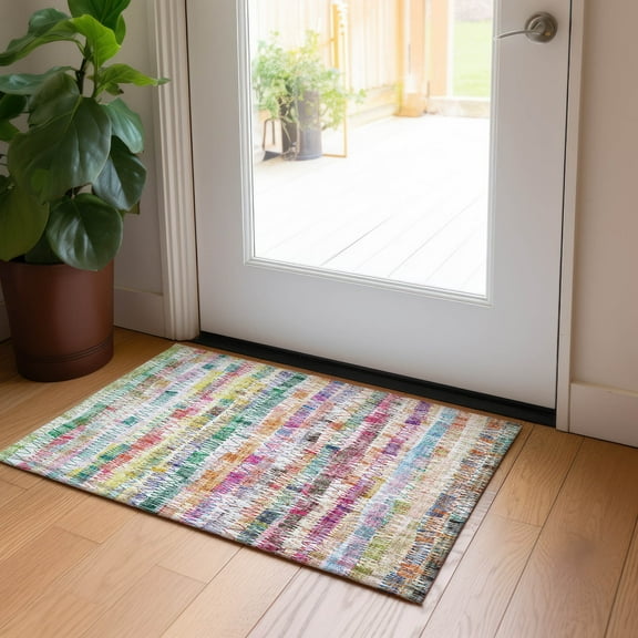 Addison Rugs Chantille Indoor/Outdoor Transitional Stripes Green Washable Rectangle Rug, 1'8" x 2'6"