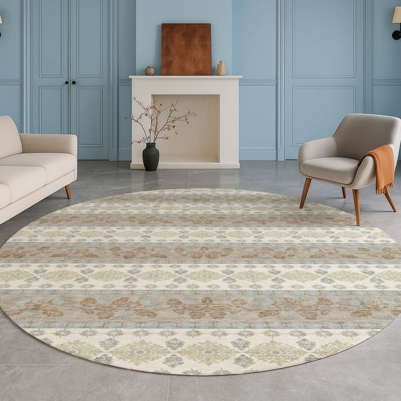 Addison Rugs Chantille Indoor/Outdoor Transitional Stripes Ivory Machine Washable Round Rug, 8' x 8'