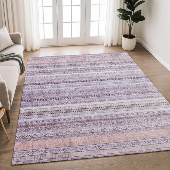 Addison Rugs Chantille Indoor/Outdoor Transitional Stripes Lavender Machine Washable Rectangle Rug, 8' x 10'