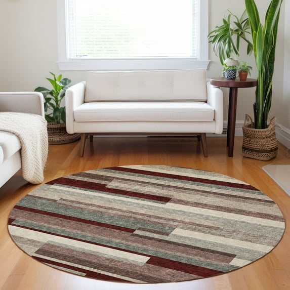 Addison Rugs Chantille Indoor/Outdoor Transitional Stripes Merlot Washable Round Rug, 8' x 8'