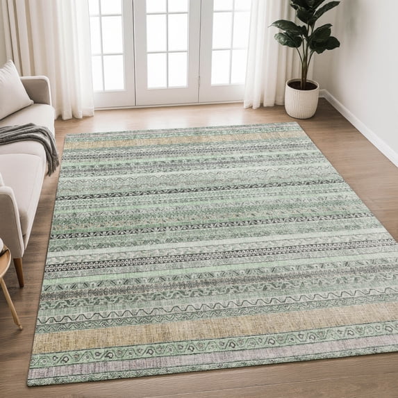 Addison Rugs Chantille Indoor/Outdoor Transitional Stripes Mint Machine Washable Rectangle Rug, 5' x 7'6"