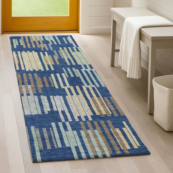 Addison Rugs Chantille Indoor/Outdoor Transitional Stripes Navy Machine Washable Runner Rug, 2'3" x 7'6"