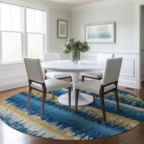 Addison Rugs Chantille Indoor/Outdoor Transitional Stripes Navy Washable Round Rug, 8' x 8'