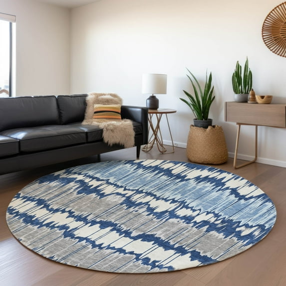 Addison Rugs Chantille Indoor/Outdoor Transitional Stripes Navy Washable Round Rug, 8' x 8'