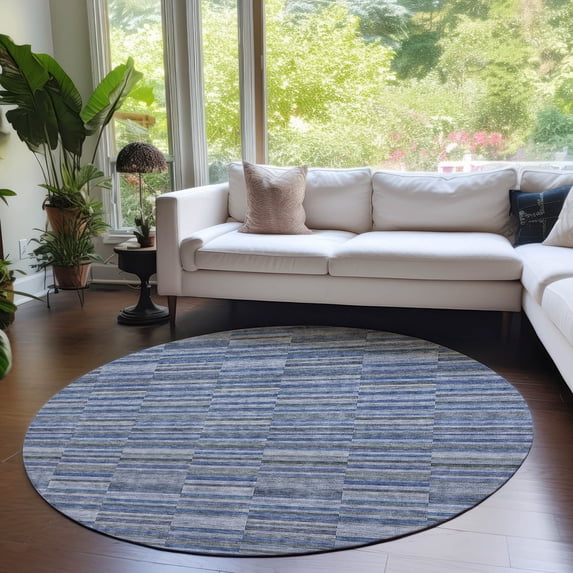 Addison Rugs Chantille Indoor/Outdoor Transitional Stripes Navy Washable Round Rug, 8' x 8'