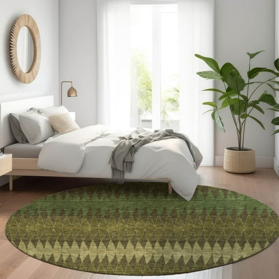 Addison Rugs Chantille Indoor/Outdoor Transitional Stripes Olive Washable Round Rug, 8' x 8'