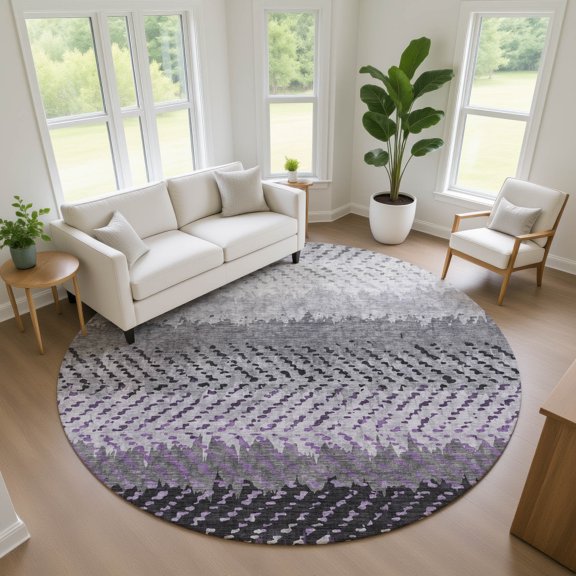 Addison Rugs Chantille Indoor/Outdoor Transitional Stripes Plum Machine Washable Round Rug, 8' x 8'