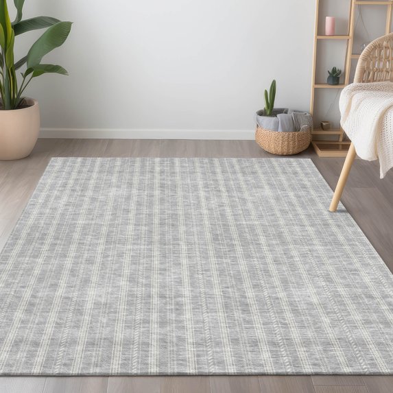 Addison Rugs Chantille Indoor/Outdoor Transitional Stripes Silver Washable Rectangle Rug, 9' x 12'