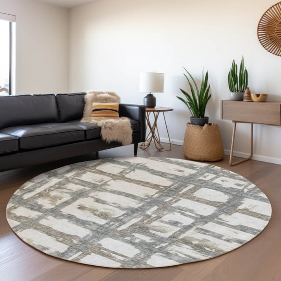 Addison Rugs Chantille Indoor/Outdoor Transitional Stripes Silver Washable Round Rug, 8' x 8'