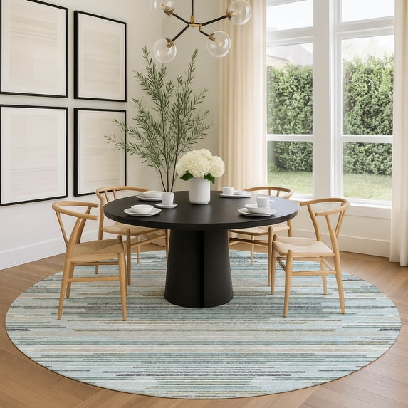 Addison Rugs Chantille Indoor/Outdoor Transitional Stripes Sky Machine Washable Round Rug, 8' x 8'