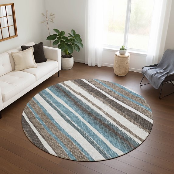 Addison Rugs Chantille Indoor/Outdoor Transitional Stripes Taupe Machine Washable Round Rug, 8' x 8'