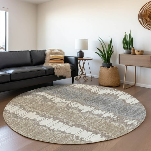 Addison Rugs Chantille Indoor/Outdoor Transitional Stripes Taupe Washable Round Rug, 8' x 8'