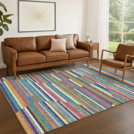 Addison Rugs Chantille Indoor/Outdoor Transitional Stripes Teal Machine Washable Rectangle Rug, 3' x 5'