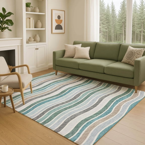 Addison Rugs Chantille Indoor/Outdoor Transitional Stripes Teal Machine Washable Rectangle Rug, 5' x 7'6"