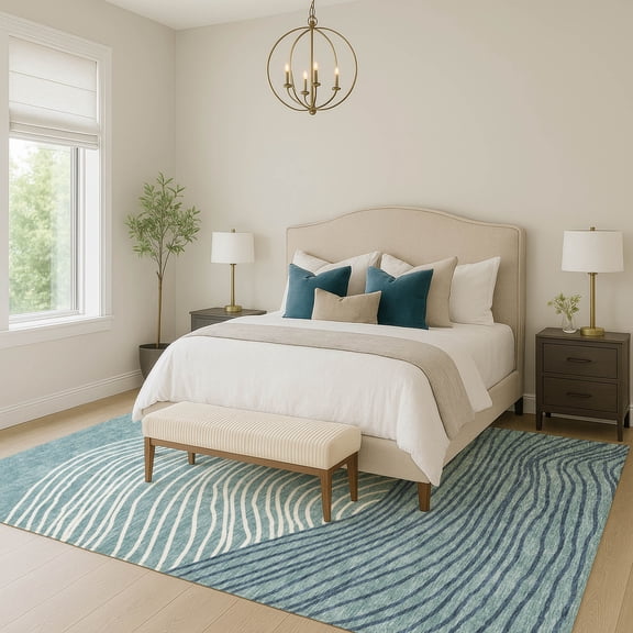 Addison Rugs Chantille Indoor/Outdoor Transitional Stripes Teal Machine Washable Rectangle Rug, 5' x 7'6"