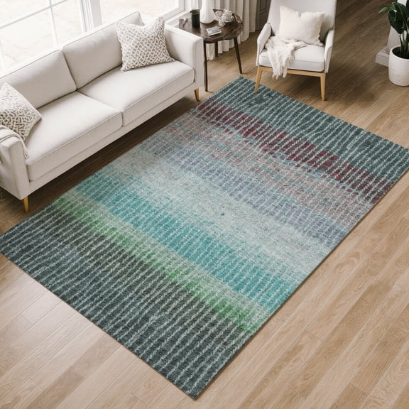 Addison Rugs Chantille Indoor/Outdoor Transitional Stripes Teal Machine Washable Rectangle Rug, 5' x 7'6"