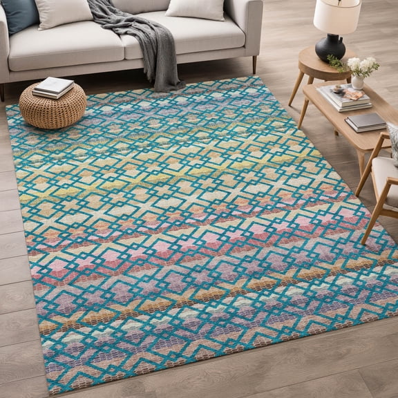 Addison Rugs Chantille Indoor/Outdoor Transitional Stripes Teal Machine Washable Rectangle Rug, 5' x 7'6"