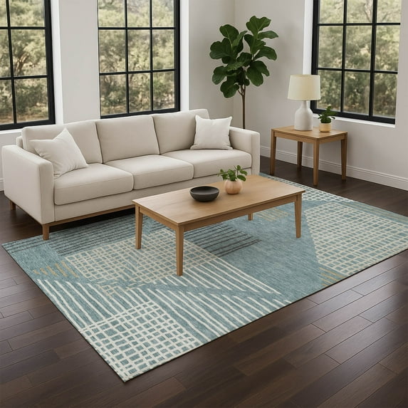 Addison Rugs Chantille Indoor/Outdoor Transitional Stripes Teal Machine Washable Rectangle Rug, 8' x 10'