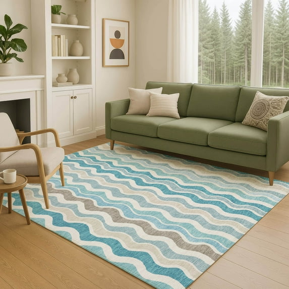 Addison Rugs Chantille Indoor/Outdoor Transitional Stripes Teal Machine Washable Rectangle Rug, 8' x 10'