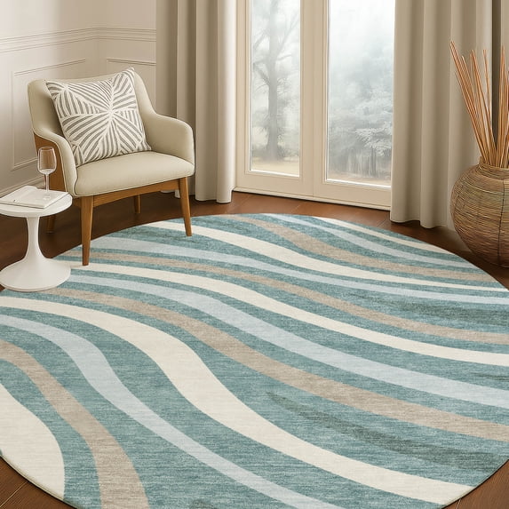 Addison Rugs Chantille Indoor/Outdoor Transitional Stripes Teal Machine Washable Round Rug, 8' x 8'