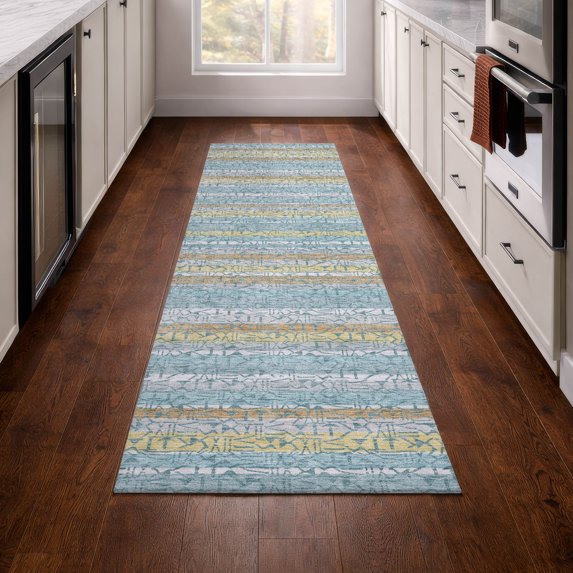 Addison Rugs Chantille Indoor/Outdoor Transitional Stripes Teal Machine Washable Runner Rug, 2'3" x 7'6"