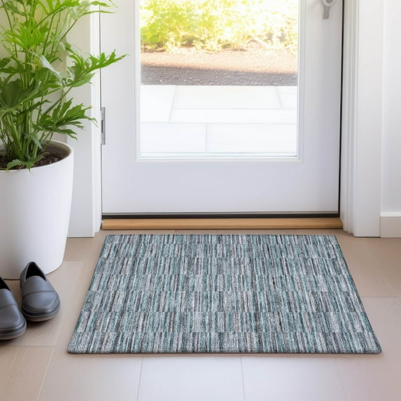 Addison Rugs Chantille Indoor/Outdoor Transitional Stripes Teal Washable Rectangle Rug, 1'8" x 2'6"