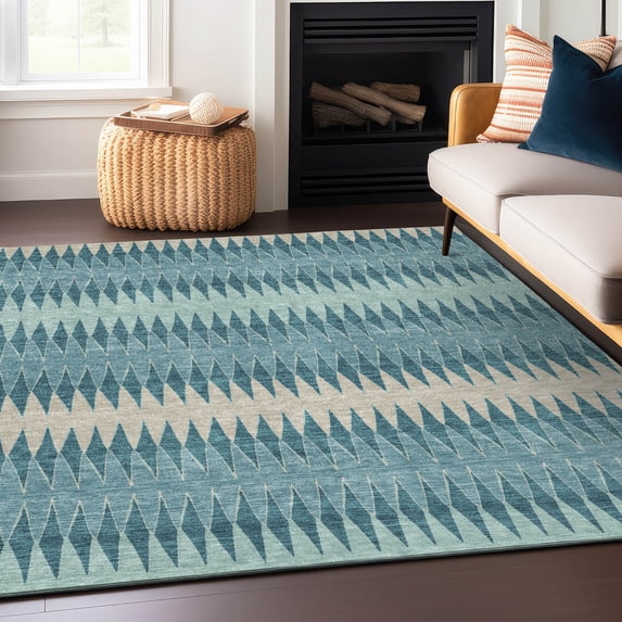 Addison Rugs Chantille Indoor/Outdoor Transitional Stripes Teal Washable Rectangle Rug, 10' x 14'