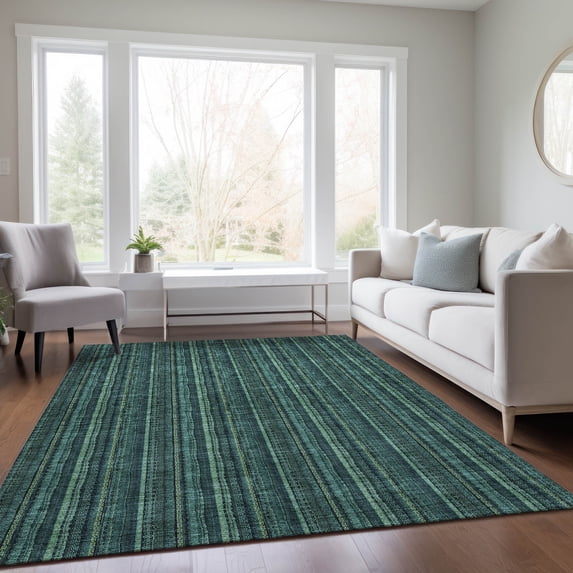 Addison Rugs Chantille Indoor/Outdoor Transitional Stripes Teal Washable Rectangle Rug, 3' x 5'