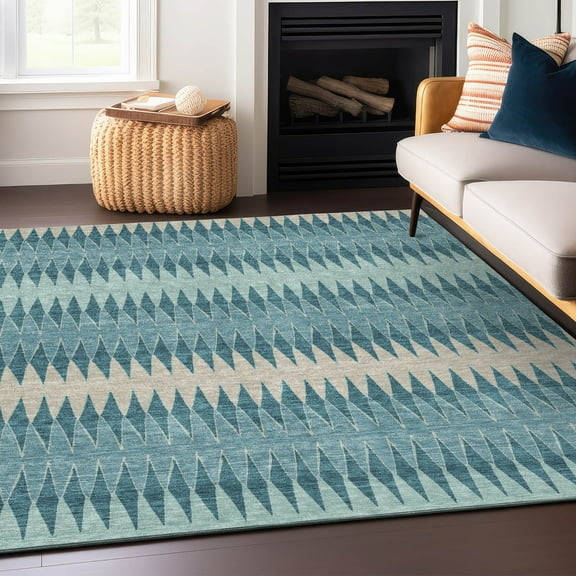 Addison Rugs Chantille Indoor/Outdoor Transitional Stripes Teal Washable Rectangle Rug, 5' x 7'6"