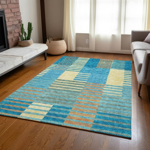 Addison Rugs Chantille Indoor/Outdoor Transitional Stripes Teal Washable Rectangle Rug, 5' x 7'6"