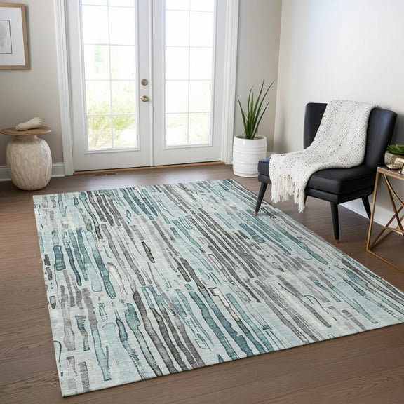 Addison Rugs Chantille Indoor/Outdoor Transitional Stripes Teal Washable Rectangle Rug, 5' x 7'6"