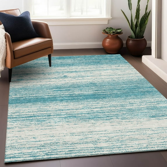Addison Rugs Chantille Indoor/Outdoor Transitional Stripes Teal Washable Rectangle Rug, 9' x 12'
