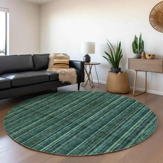 Addison Rugs Chantille Indoor/Outdoor Transitional Stripes Teal Washable Round Rug, 8' x 8'