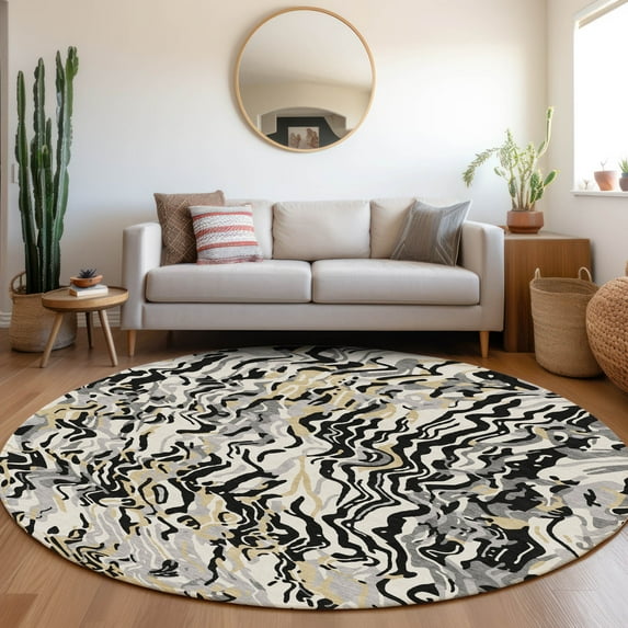 Addison Rugs Chantille Indoor/Outdoor Transitional Swirls Black Washable Round Rug, 8' x 8'