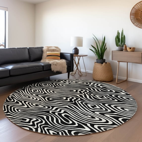 Addison Rugs Chantille Indoor/Outdoor Transitional Swirls Black Washable Round Rug, 8' x 8'