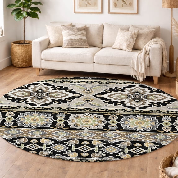 Addison Rugs Chantille Indoor/Outdoor Transitional Tribal Black Machine Washable Round Rug, 8' x 8'