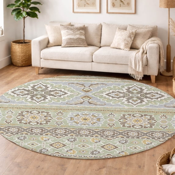 Addison Rugs Chantille Indoor/Outdoor Transitional Tribal Celery Machine Washable Round Rug, 8' x 8'