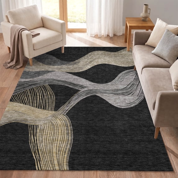 Addison Rugs Chantille Indoor/Outdoor Transitional Waves Black Machine Washable Rectangle Rug, 10' x 14'